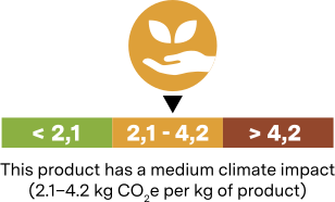 This product has a medium climate impact (2.1-4.2 kg CO2e per kg of product